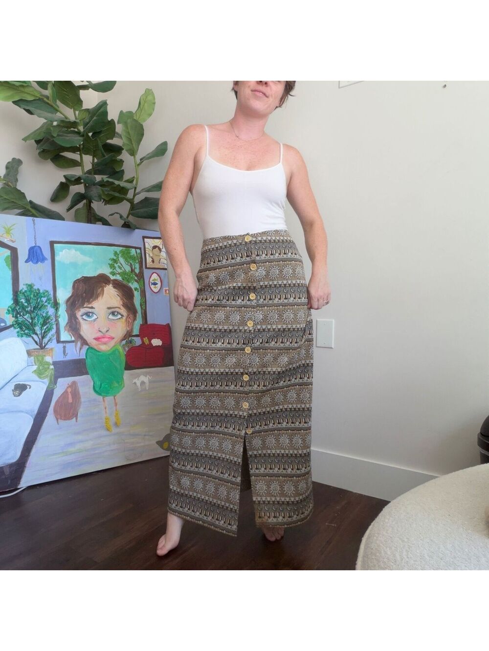 Vintage 90s celestial maxi skirt patterned button front maxi skirt